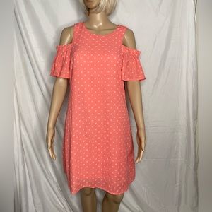 Worthington Decco Dot casual midi cold shoulder ruffle sleeve dress pink sz4 NWT